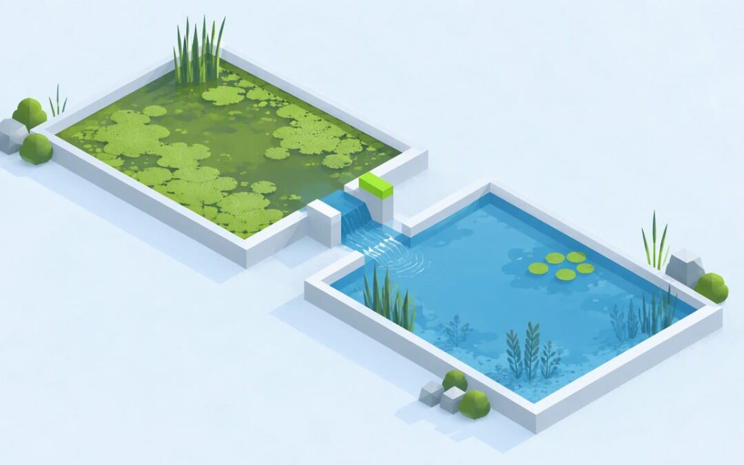 Isometric pond surfaces showing algae control