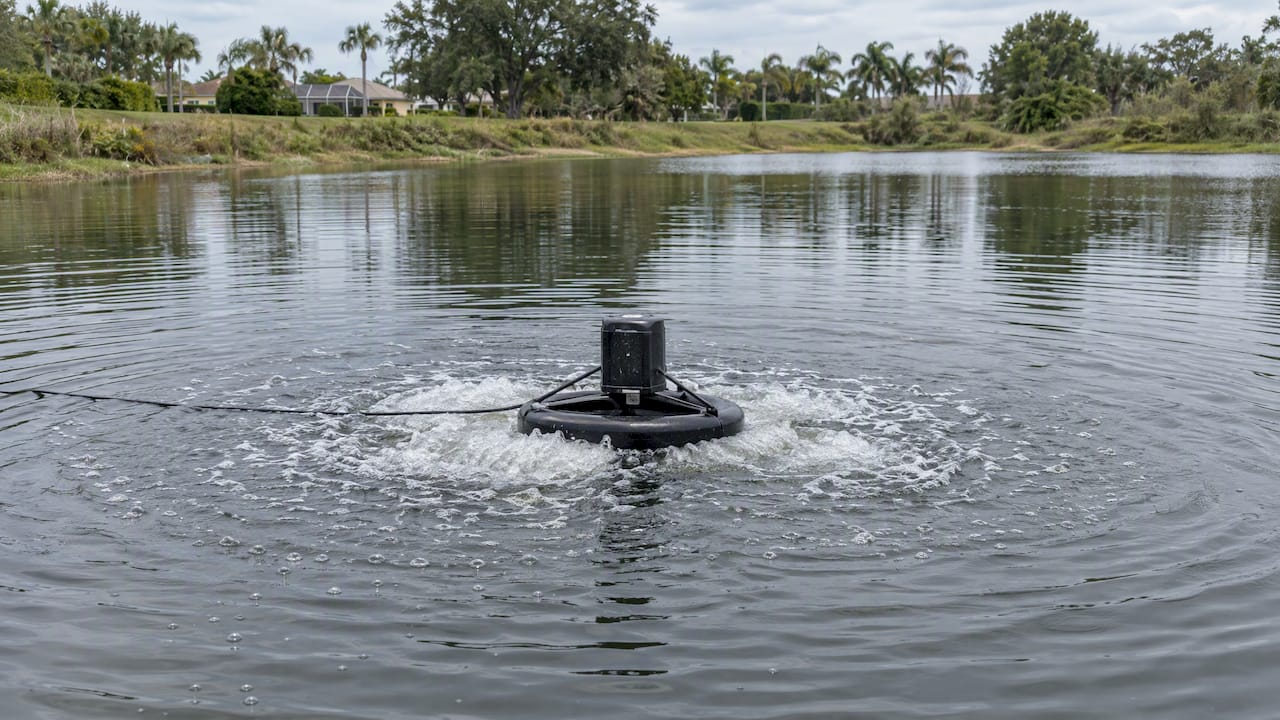 Aerator circulating water in a small pond