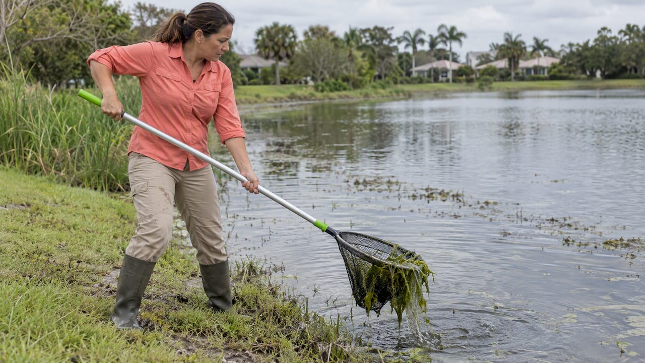 Technician nets filamentous algae from pond
